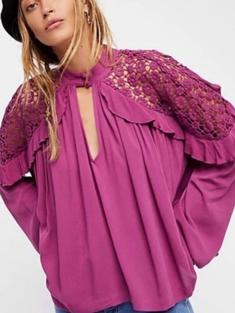 Free people NWT little bit of love romantic ruffled lace flowy blouse sz L